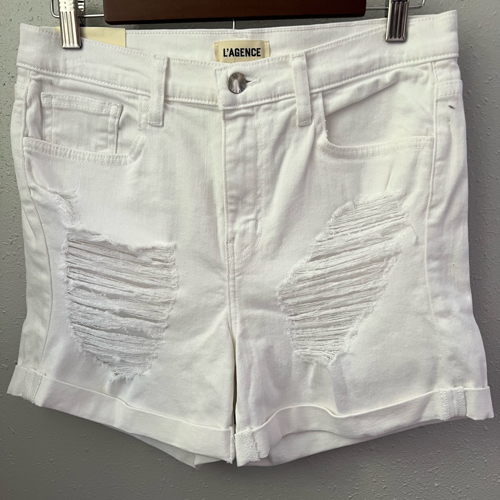 L'agence Balboa Double Roll Shorts In White Distressed Denim Size 27 New